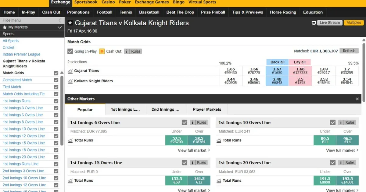 Sports betting exchange platform offering peer-to-peer Back and Lay trading