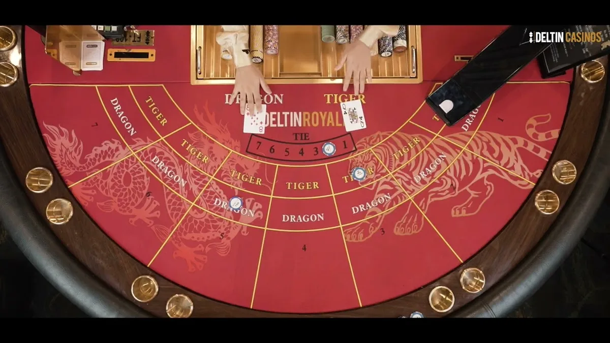 Live Dragon Tiger two-card battle table with ornate Asian gaming decor