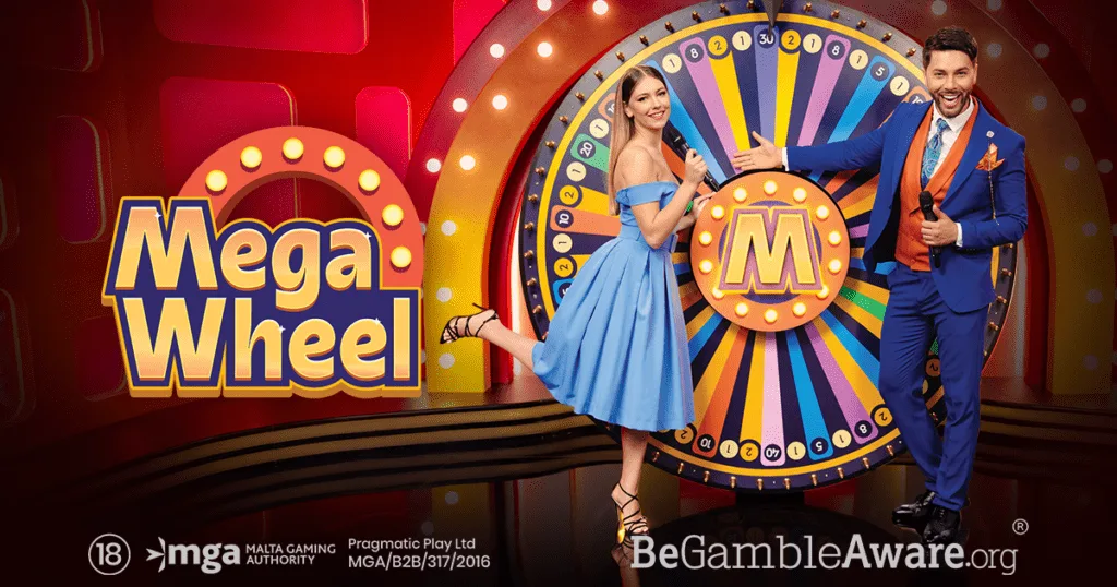 Pragmatic Play Mega Wheel colorful 54-segment wheel and live studio host