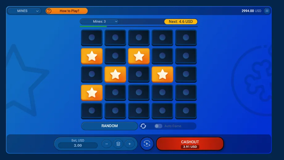 Mines casino 5x5 grid game featuring stars, diamonds, and hidden explosives