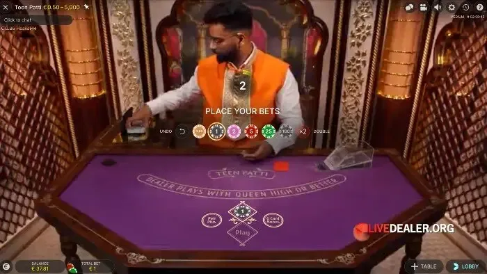 Live Teen Patti three-card poker table with Ante and Play wagering rounds